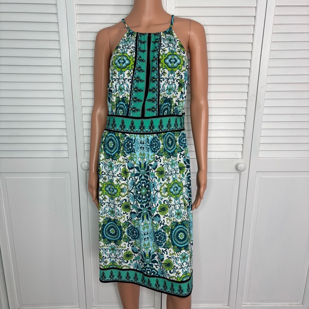 LONDON TIMES Turquoise Abstract Print Halter Dress Size 12